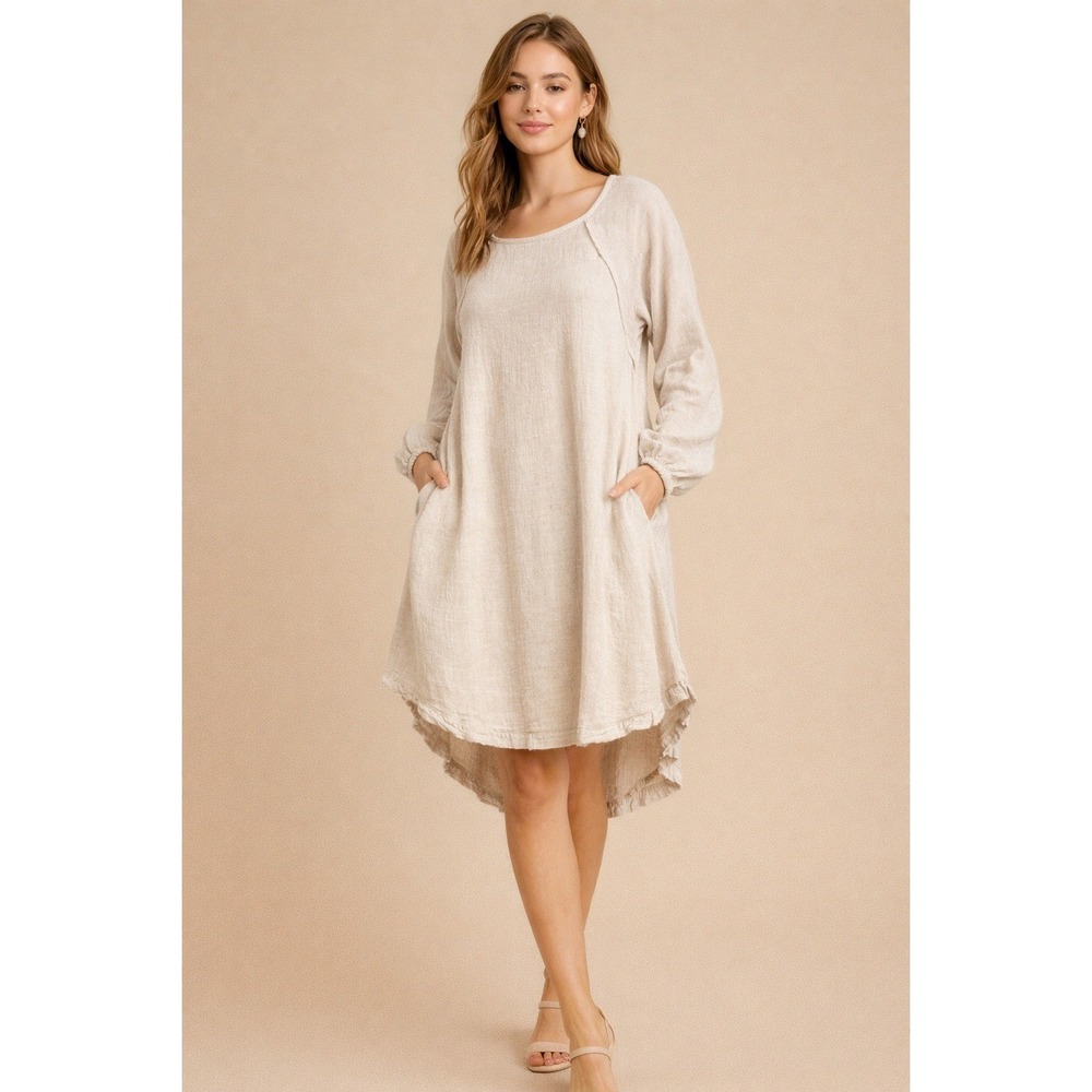 UMGEE Linen Blend Long Sleeve Hi-Low Shift Dress Oatmeal | Size Small